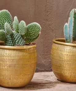 Nkuku Tembesi Etched Planter - Antique Brass (Set Of 2)